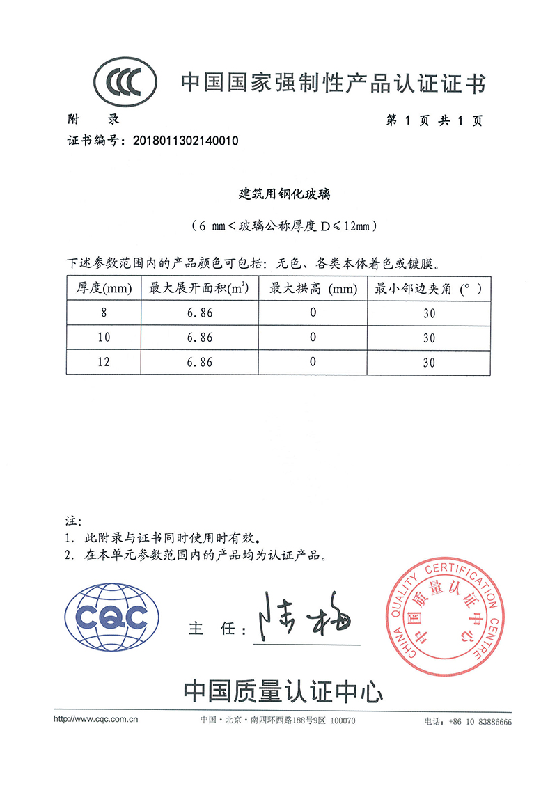 钢化玻璃认证证书-12mm